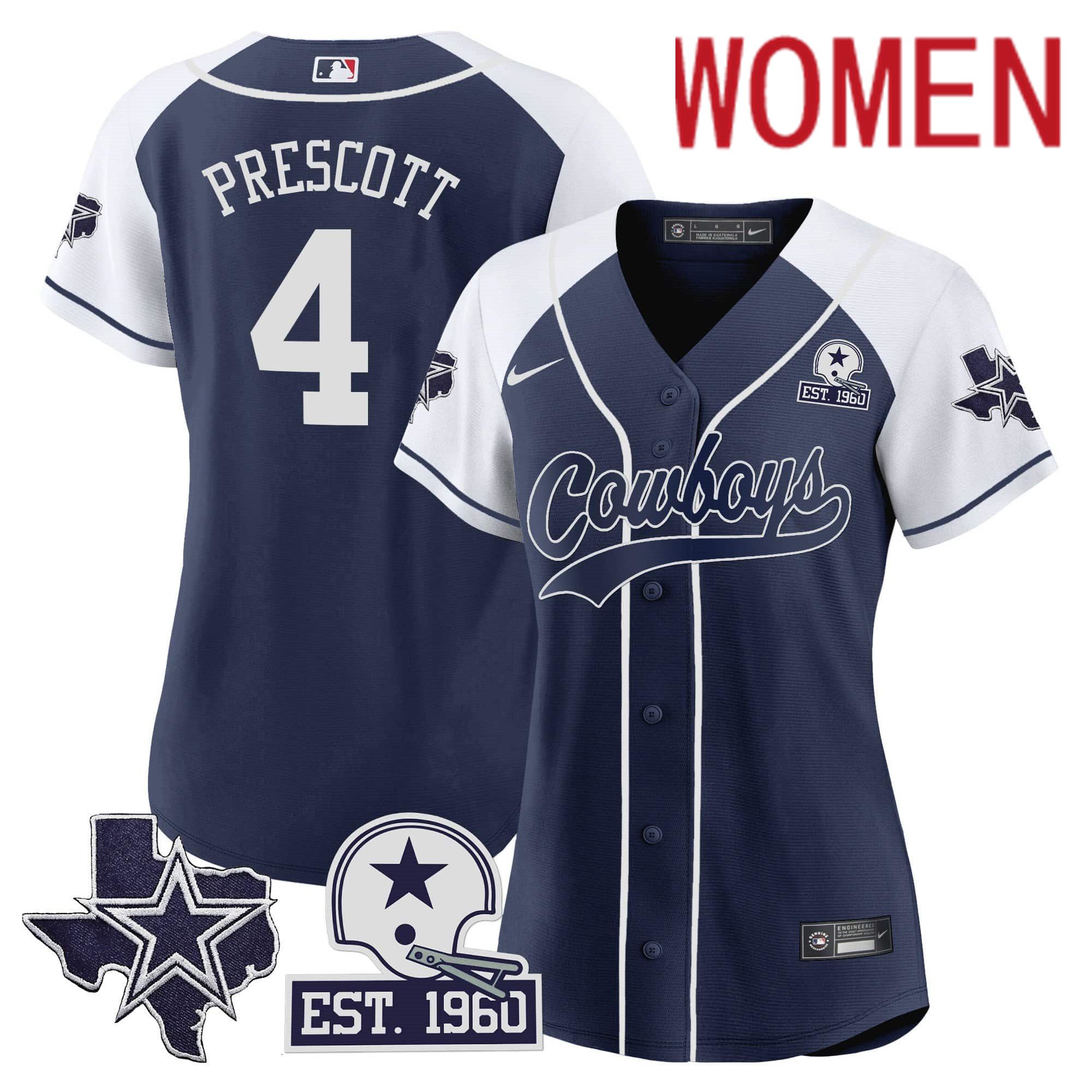 Women Dallas Cowboys #4 Prescott Dark blue 2024 Nike Patch Baseball NFL Jersey style 1